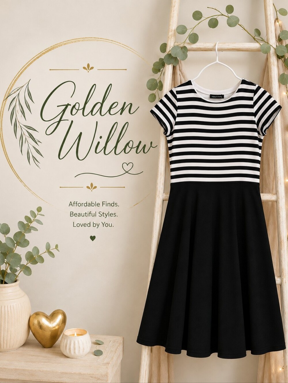 Kids Black & White Striped Fit-and-Flare Dress Size 13/14
